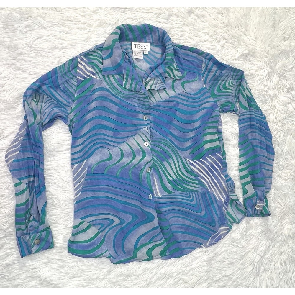 TESS Vintage 100% Silk Blouse Green Teal BlueLeaf Print Button Up Shirt Womens 4